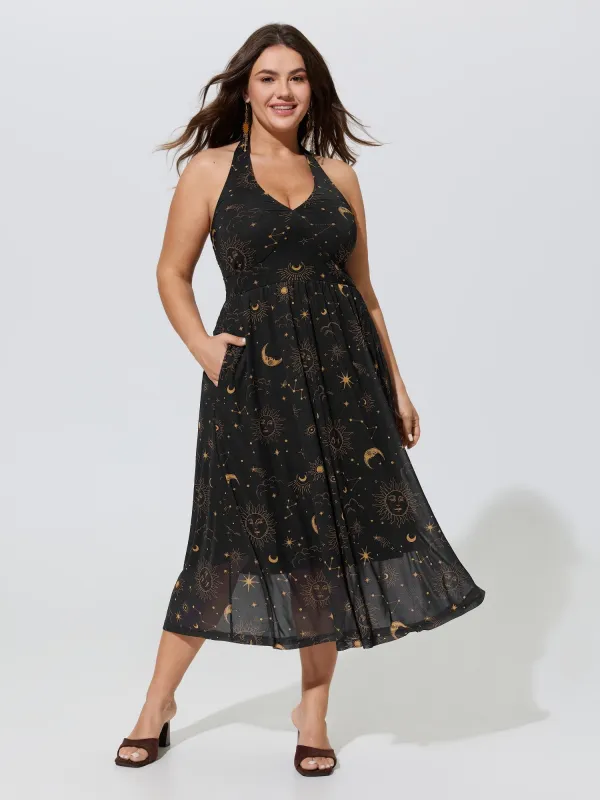 Constellation Print Halter Neck Mesh Midi Dress made by Bloomchic