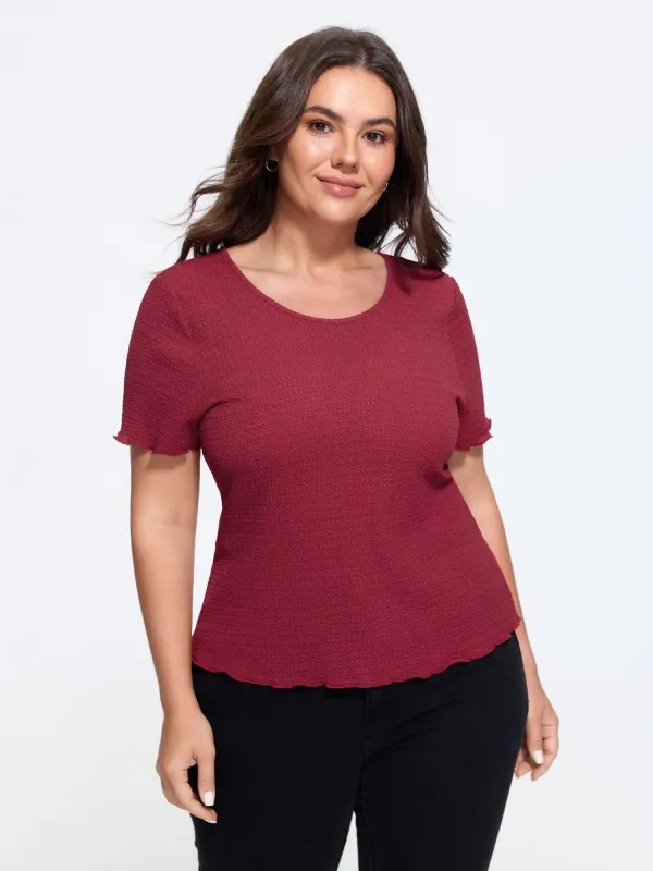 Stretchy Textured Crew Neck Ruffle Edge T-Shirt made by Bloomchic