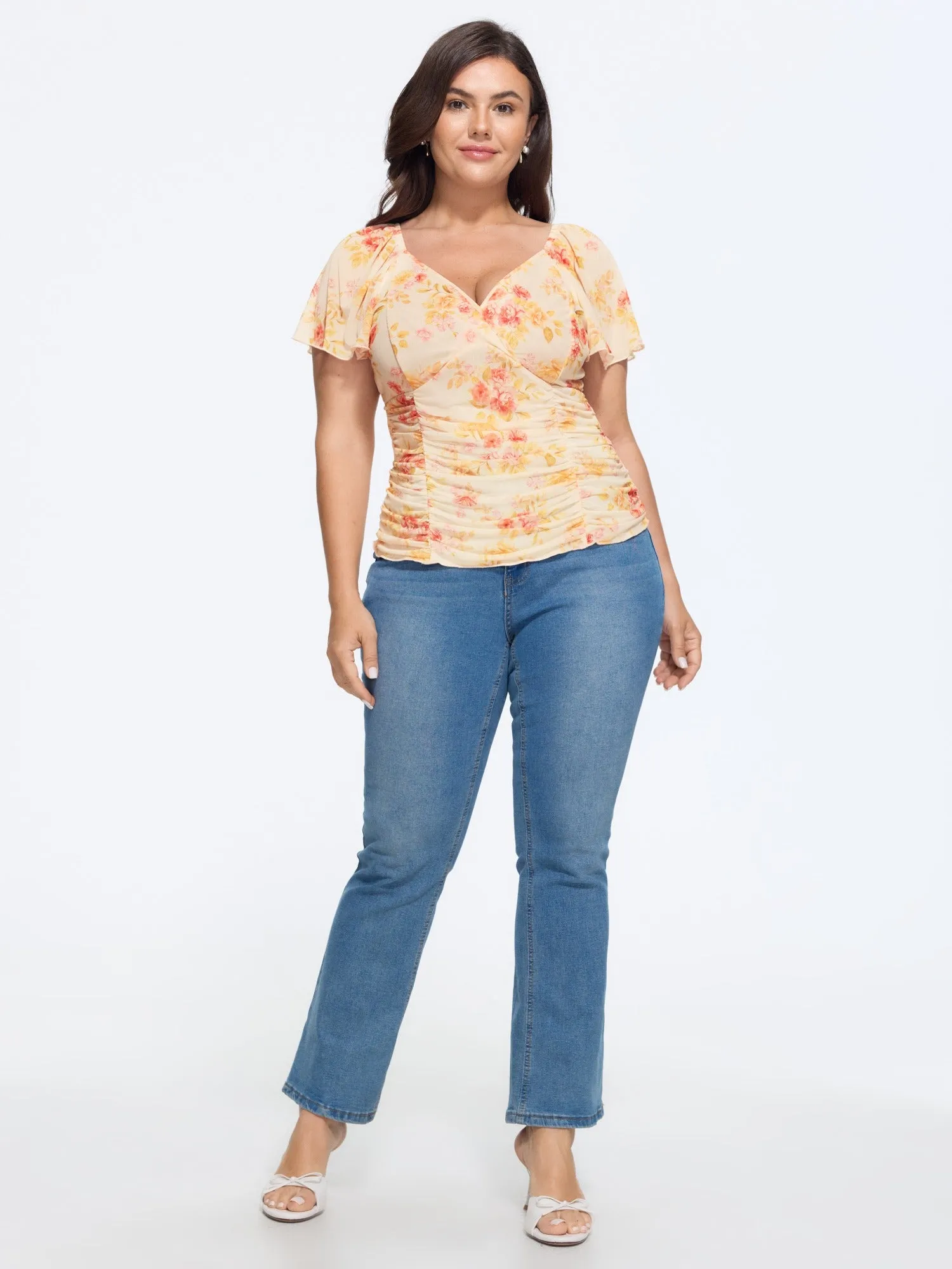 Stretchy Floral Print Ruched Waist Mesh Blouse sold by Bloomchic product image thumbnail 3