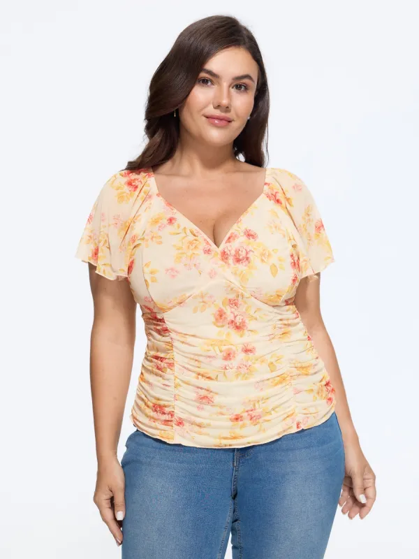 Stretchy Floral Print Ruched Waist Mesh Blouse made by Bloomchic