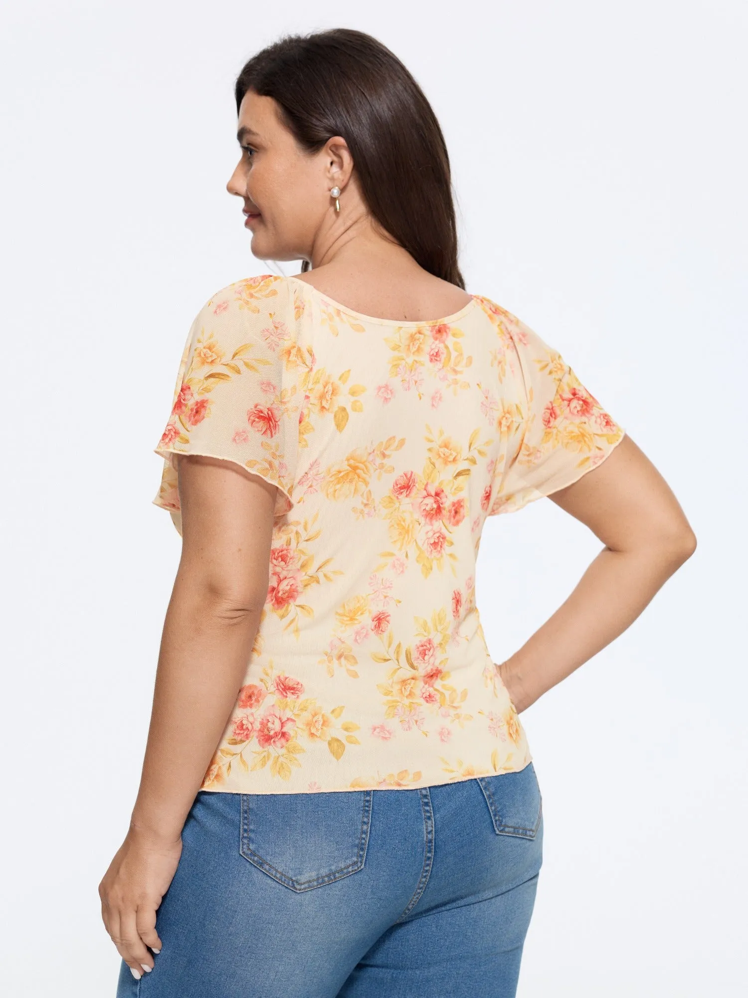 Stretchy Floral Print Ruched Waist Mesh Blouse sold by Bloomchic product image thumbnail 4