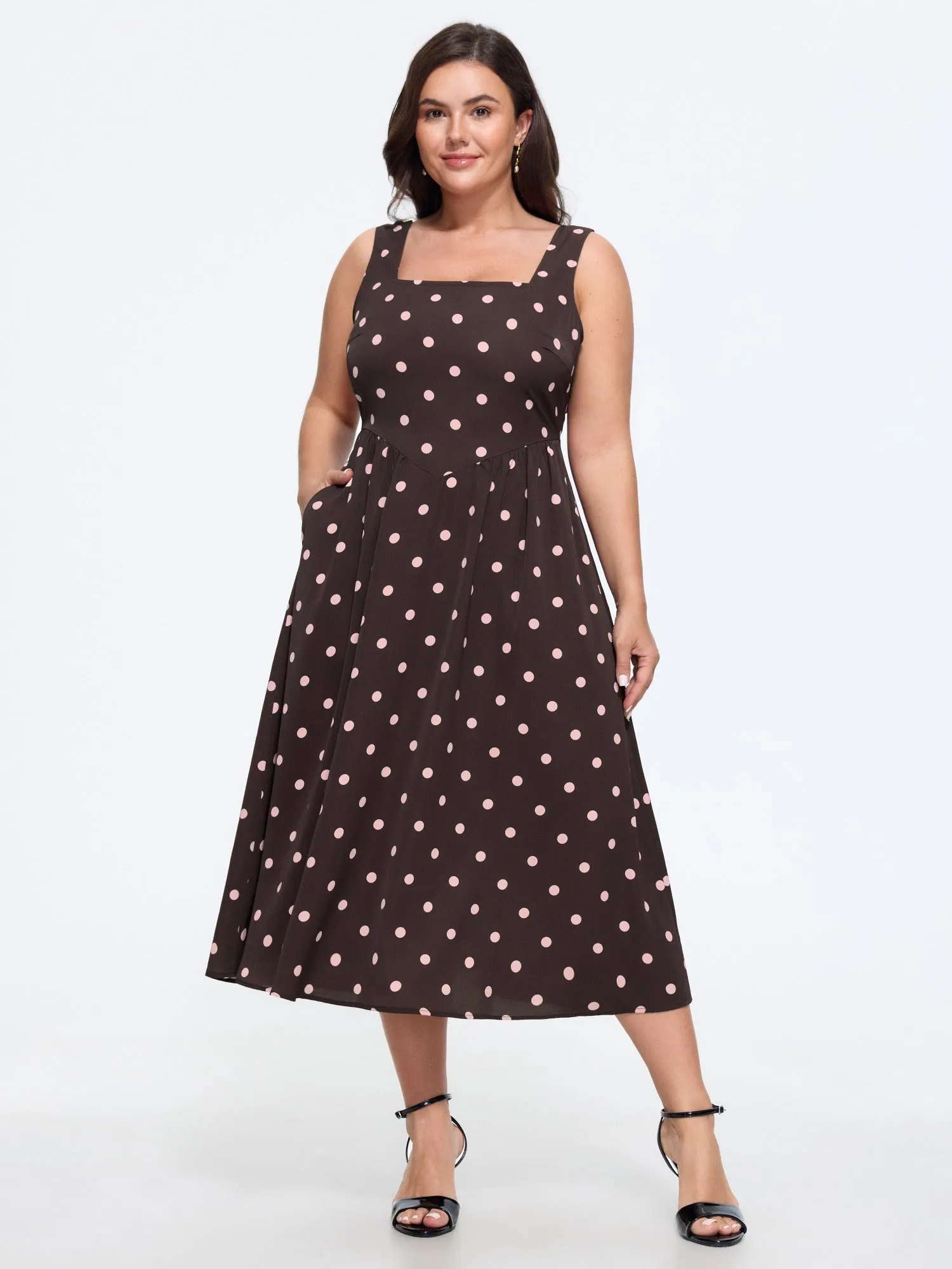 Polka Dot Print Square Neck Sleeveless Midi Dress sold by Bloomchic