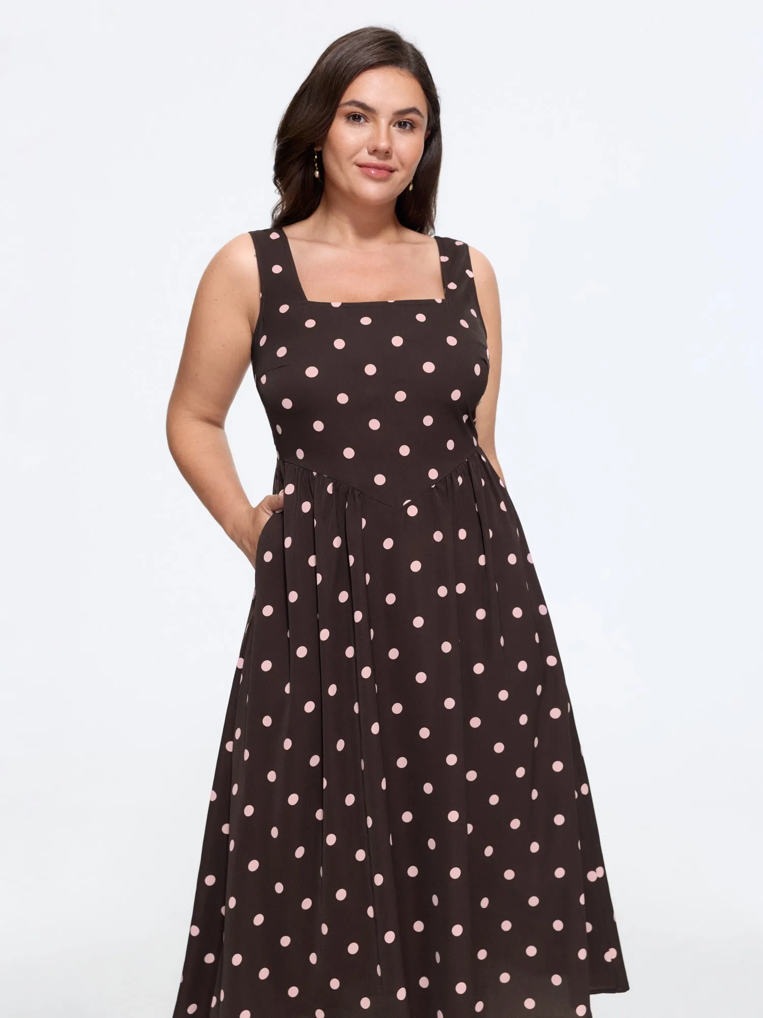 Polka Dot Print Square Neck Sleeveless Midi Dress sold by Bloomchic product image thumbnail 3