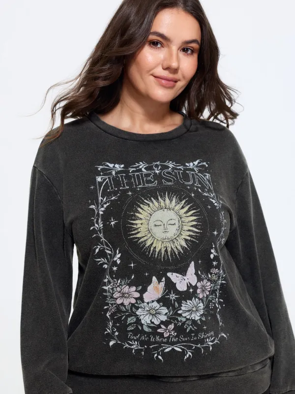 Vintage Washed Sun Floral Print Crew Neck Sweatshirt made by Bloomchic