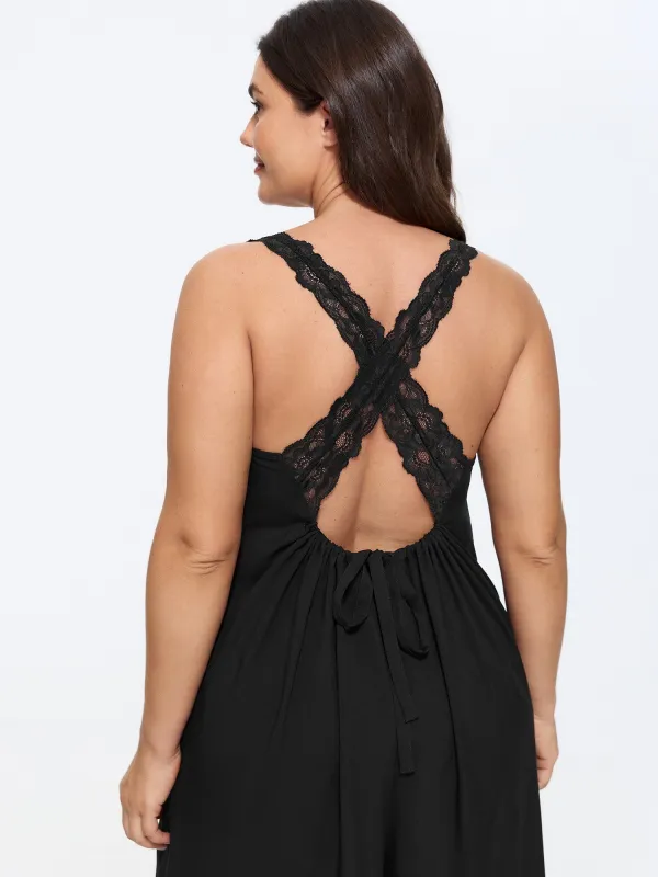 Solid Lace Cross Back Wide Leg Jumpsuit made by Bloomchic