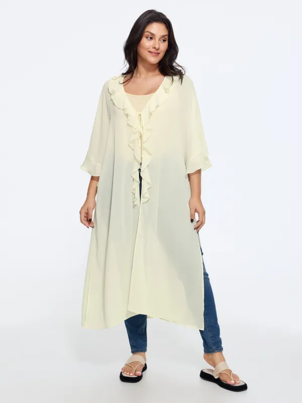 Breathable Ruffle Trim Long Cover Up made by Bloomchic