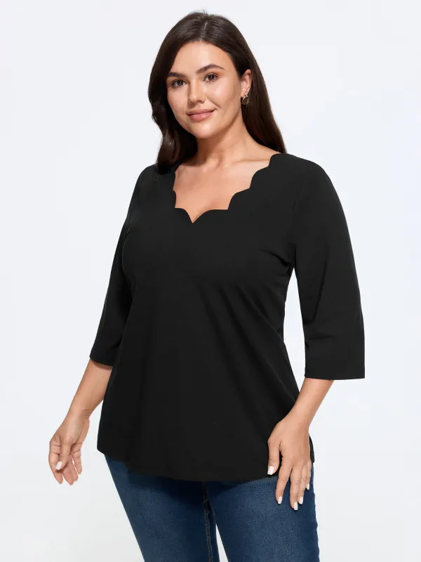 Cotton Wave V Neck Three Quarter Sleeve Knit T-Shirt made by Bloomchic