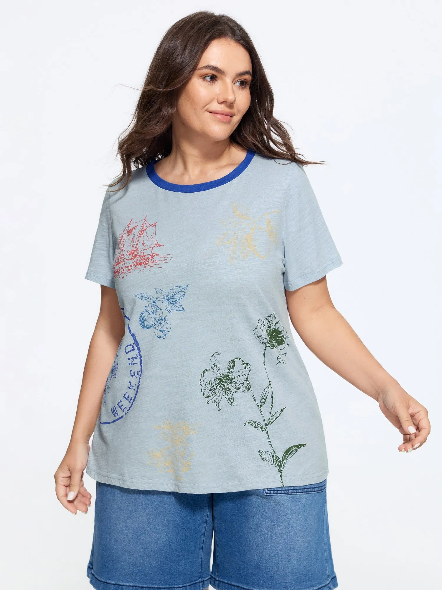 Cotton Crew Neck Plant Print Loose T-Shirt sold by Bloomchic product image thumbnail 2