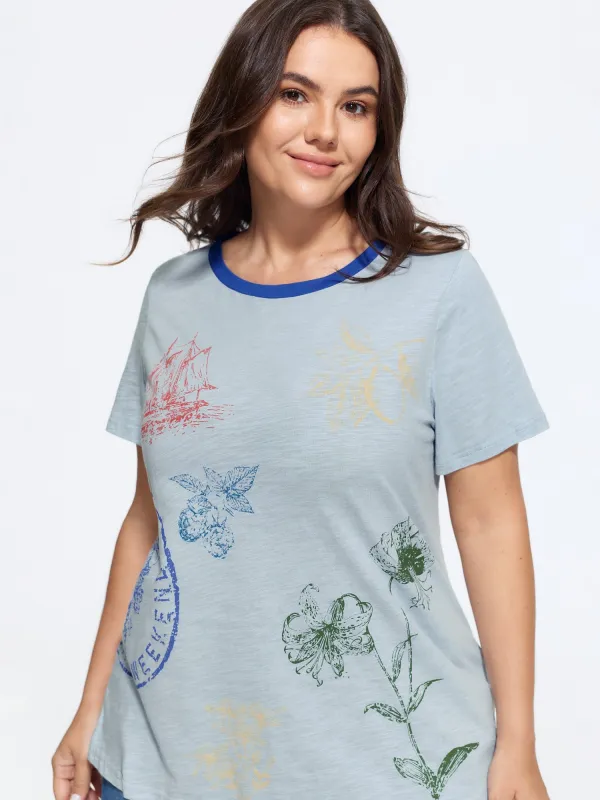 Cotton Crew Neck Plant Print Loose T-Shirt made by Bloomchic