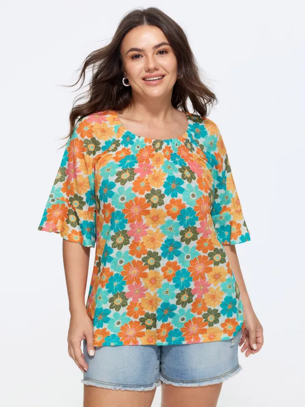 Cotton Floral Print Ruffle Mid Sleeve Top made by Bloomchic