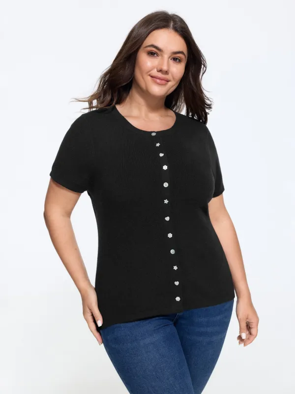 Textured Crew Neck Mixed Button Short Sleeve Cardigan made by Bloomchic