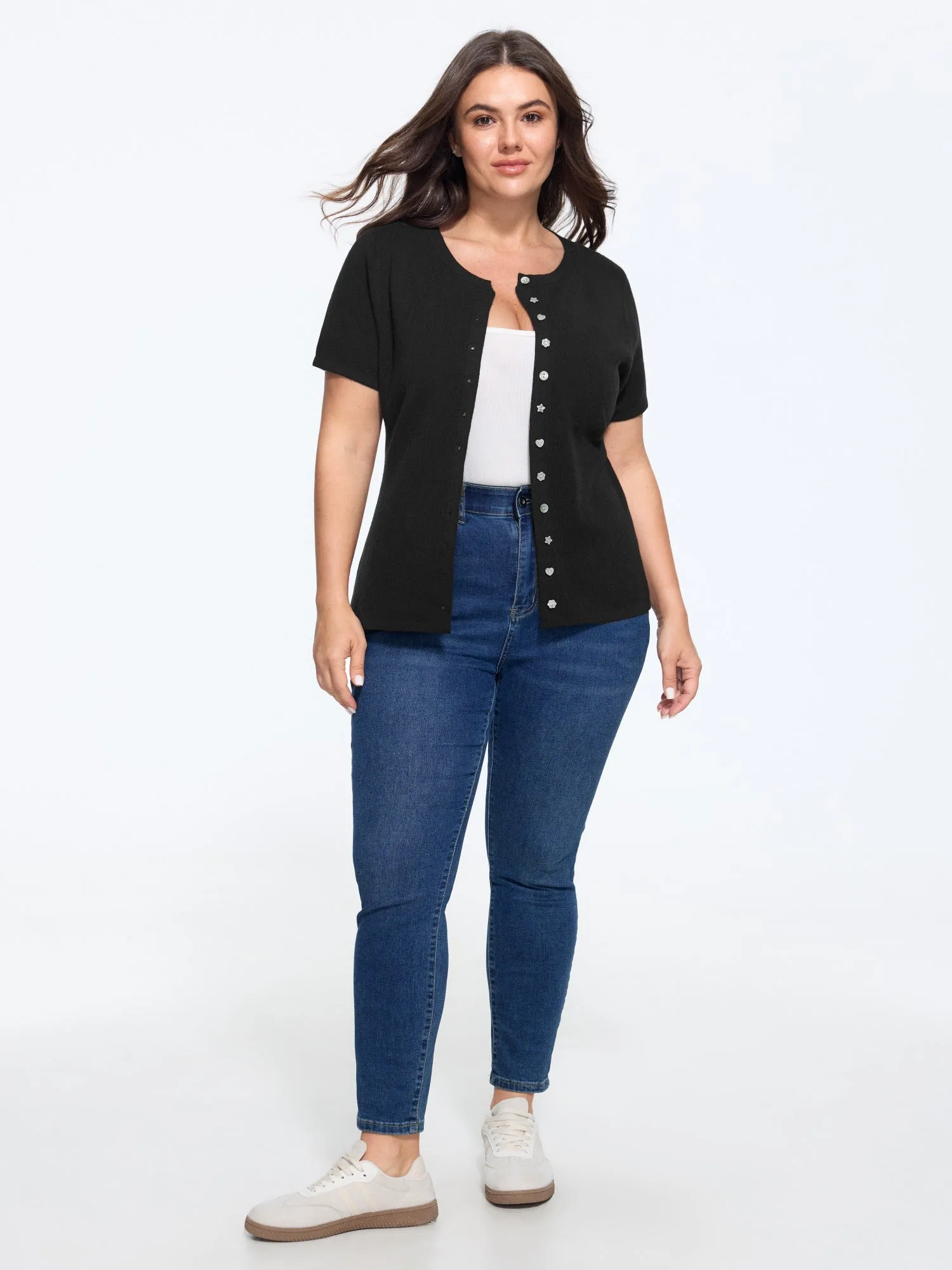Textured Crew Neck Mixed Button Short Sleeve Cardigan sold by Bloomchic product image thumbnail 2