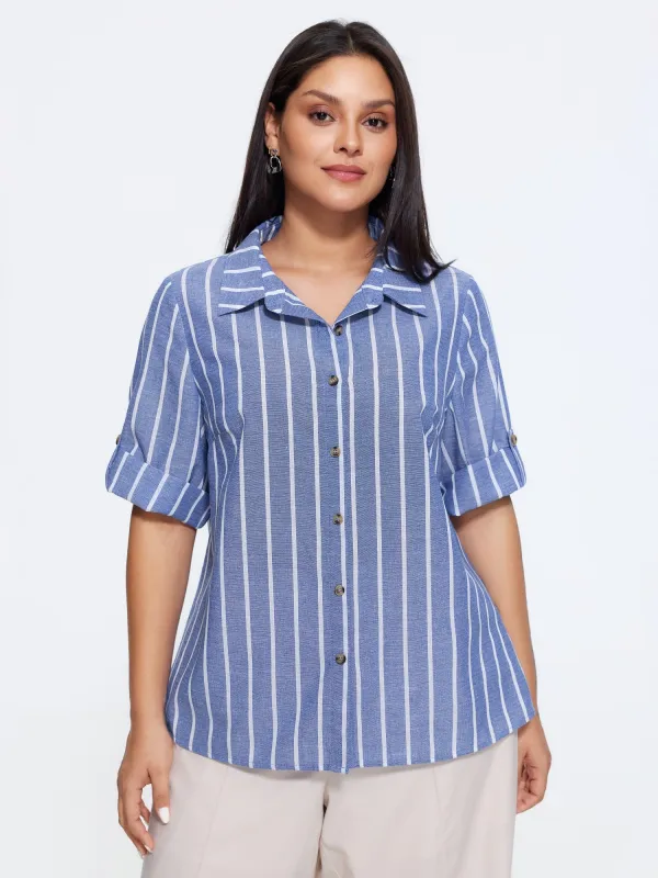 Stripe Print Button Front Tab Sleeve Blouse made by Bloomchic
