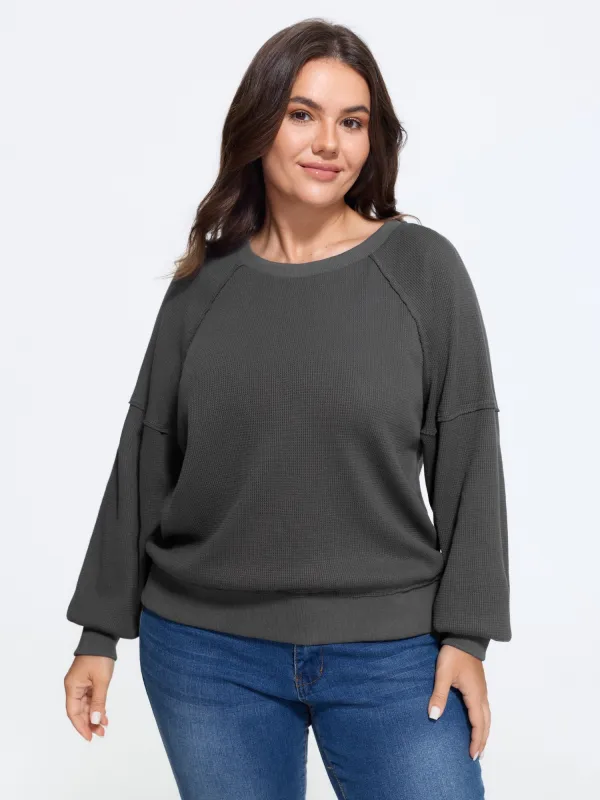Waffle Knit Raglan Lantern Sleeve Crew Neck Sweatshirt made by Bloomchic