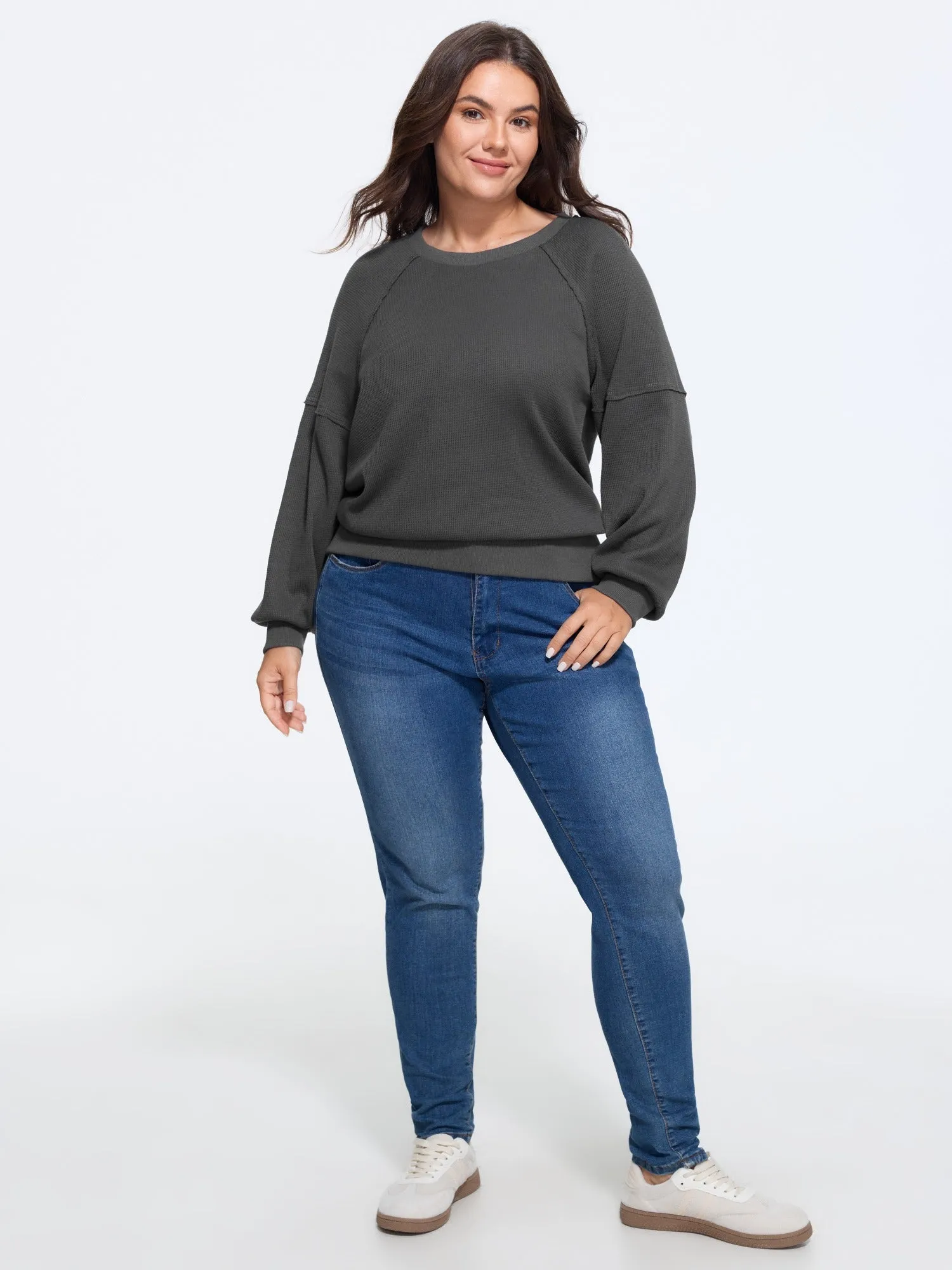 Waffle Knit Raglan Lantern Sleeve Crew Neck Sweatshirt sold by Bloomchic product image thumbnail 4