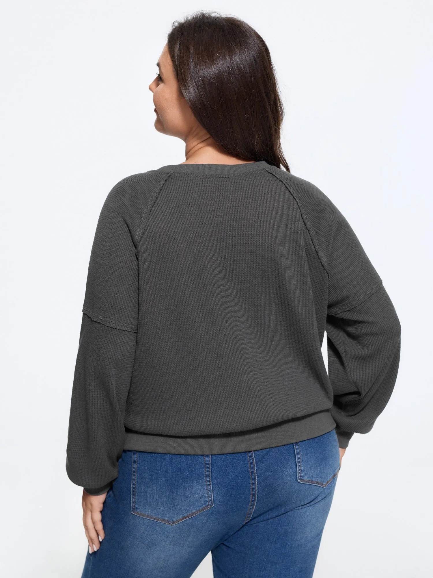 Waffle Knit Raglan Lantern Sleeve Crew Neck Sweatshirt sold by Bloomchic product image thumbnail 3