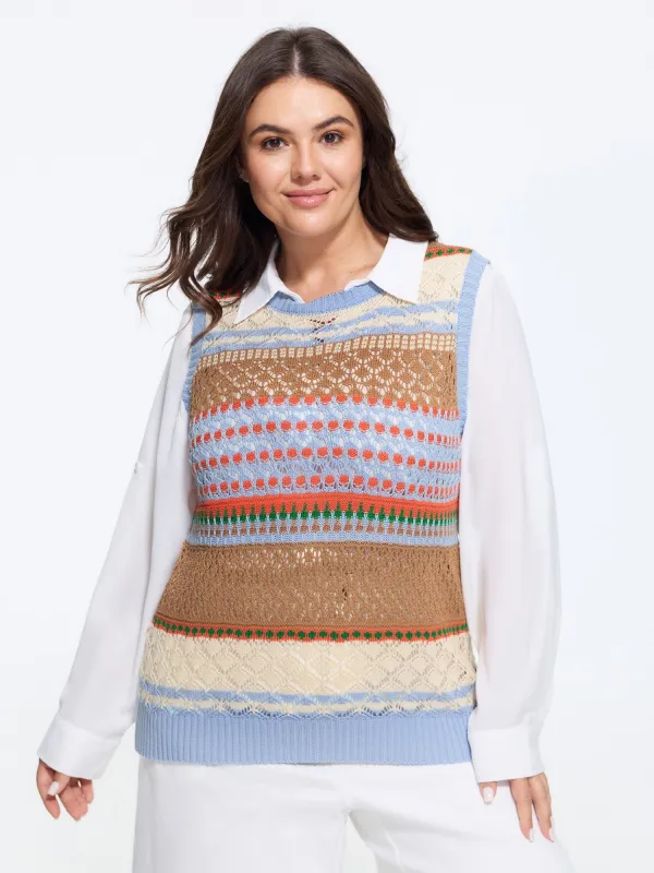 Multicolor Striped Hollow Crew Neck Sweater Vest made by Bloomchic