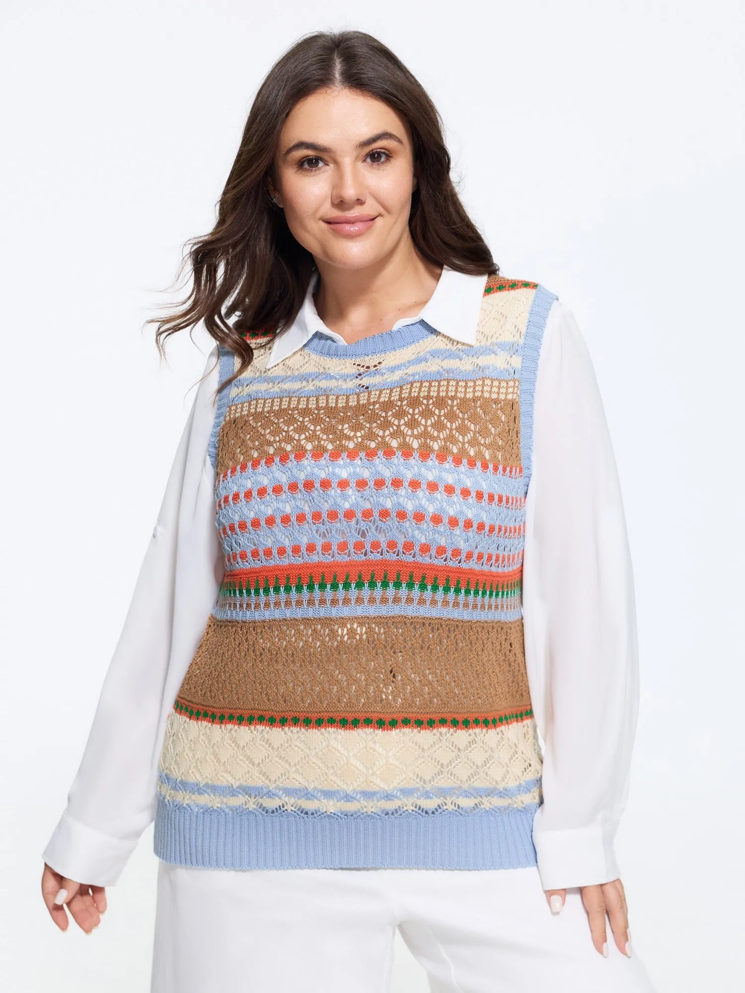 Multicolor Striped Hollow Crew Neck Sweater Vest sold by Bloomchic