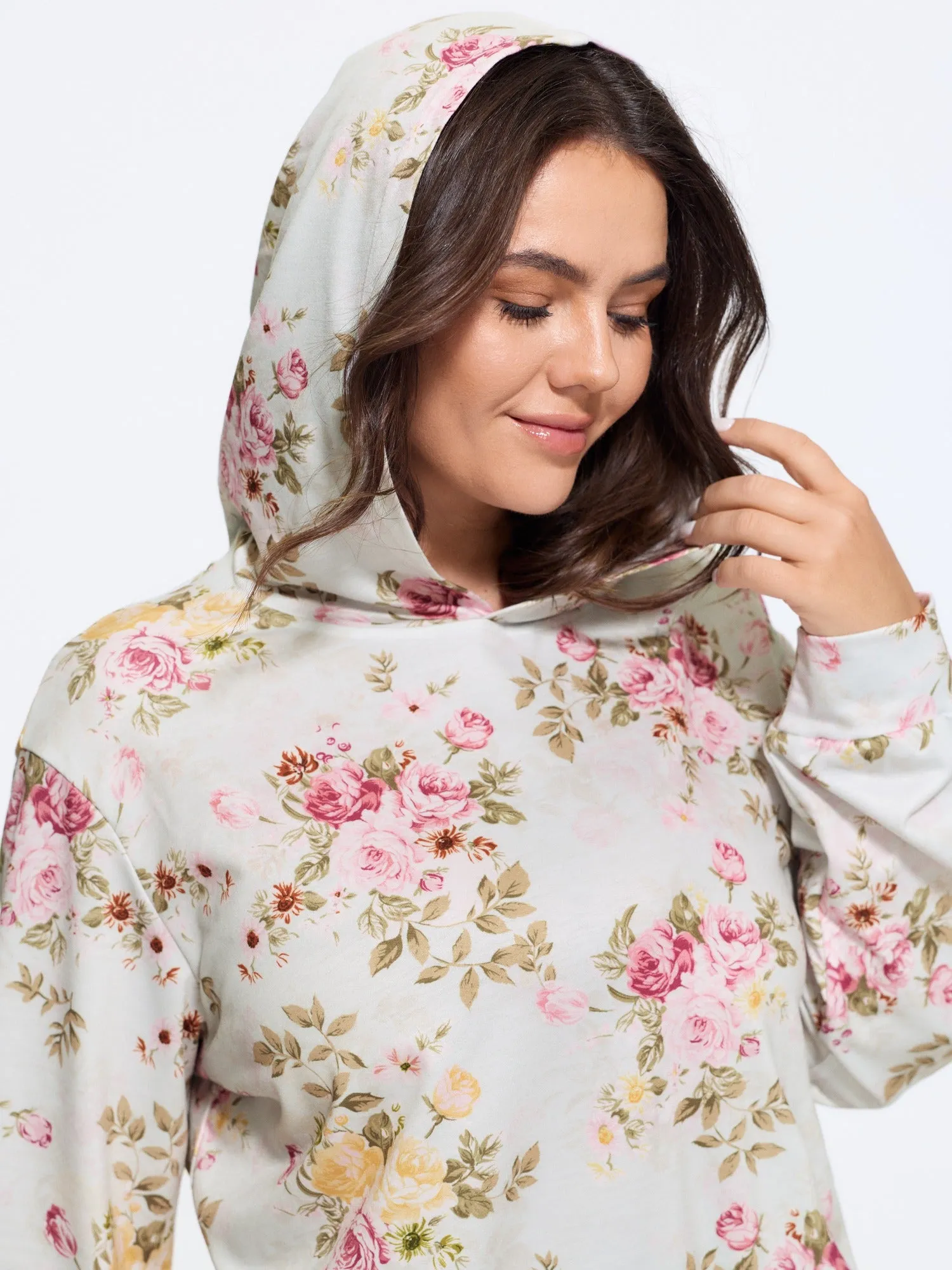 Rose Print Hooded Loose Fit Sweatshirt sold by Bloomchic product image thumbnail 2