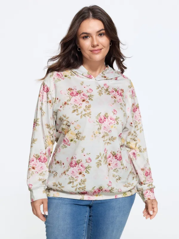 Rose Print Hooded Loose Fit Sweatshirt made by Bloomchic