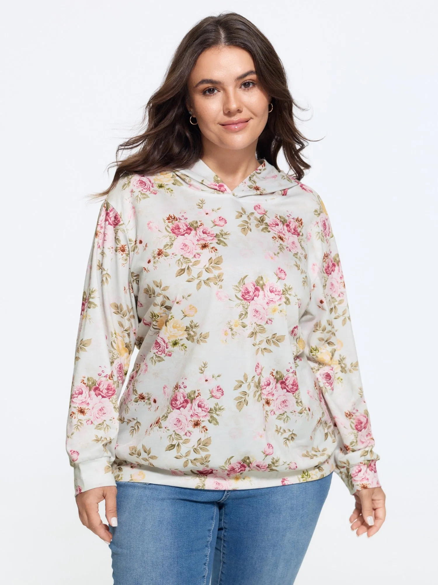 Rose Print Hooded Loose Fit Sweatshirt sold by Bloomchic