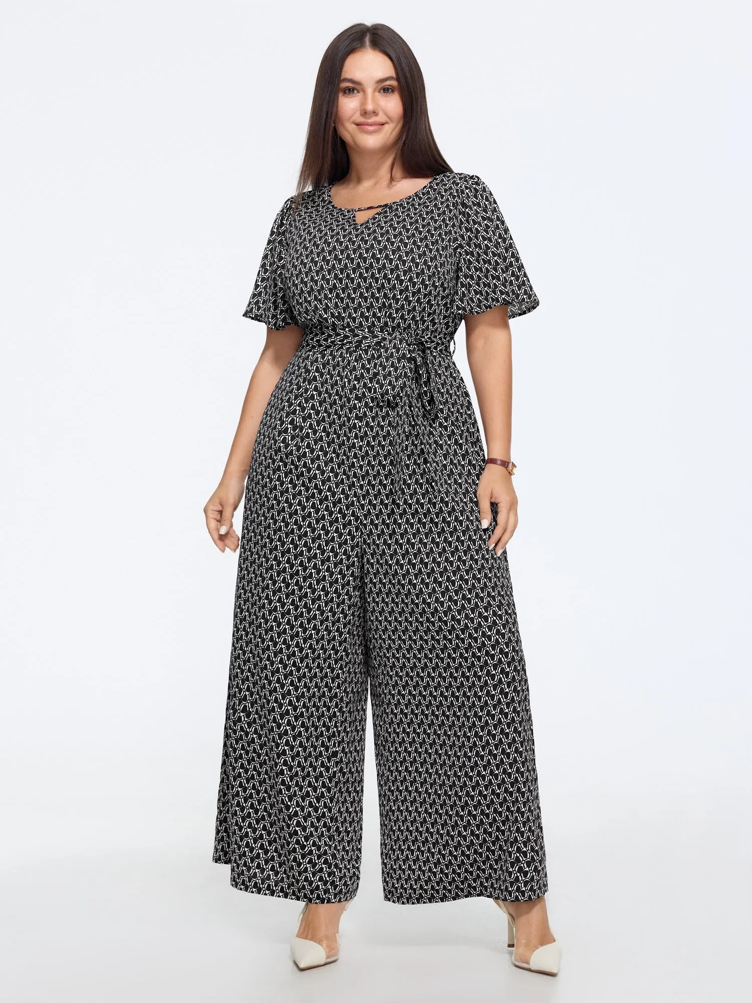 Geometric Print Waist Tie Wide Leg Jumpsuit sold by Bloomchic