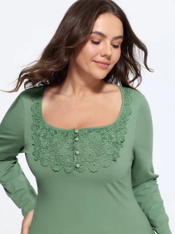 Cotton Floral Lace Square Neck Button Front T-Shirt made by Bloomchic
