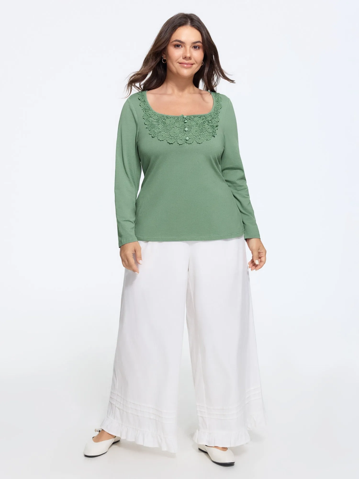 Cotton Floral Lace Square Neck Button Front T-Shirt sold by Bloomchic product image thumbnail 3
