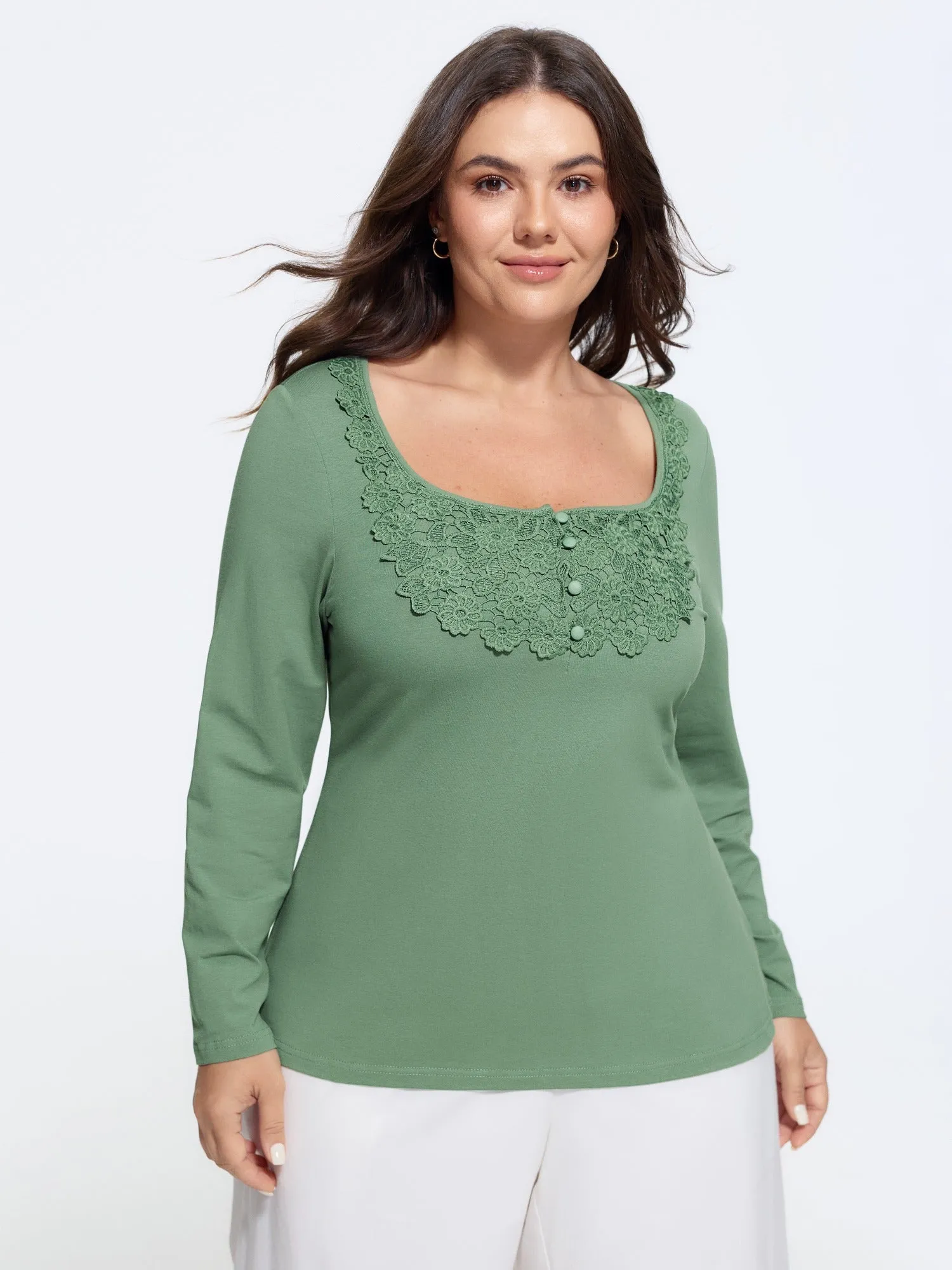 Cotton Floral Lace Square Neck Button Front T-Shirt sold by Bloomchic product image thumbnail 2