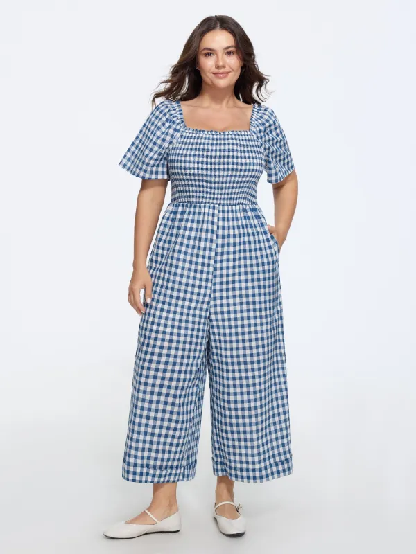 Cotton Plaid Print Square Neck Shirred Wide Leg Jumpsuit made by Bloomchic