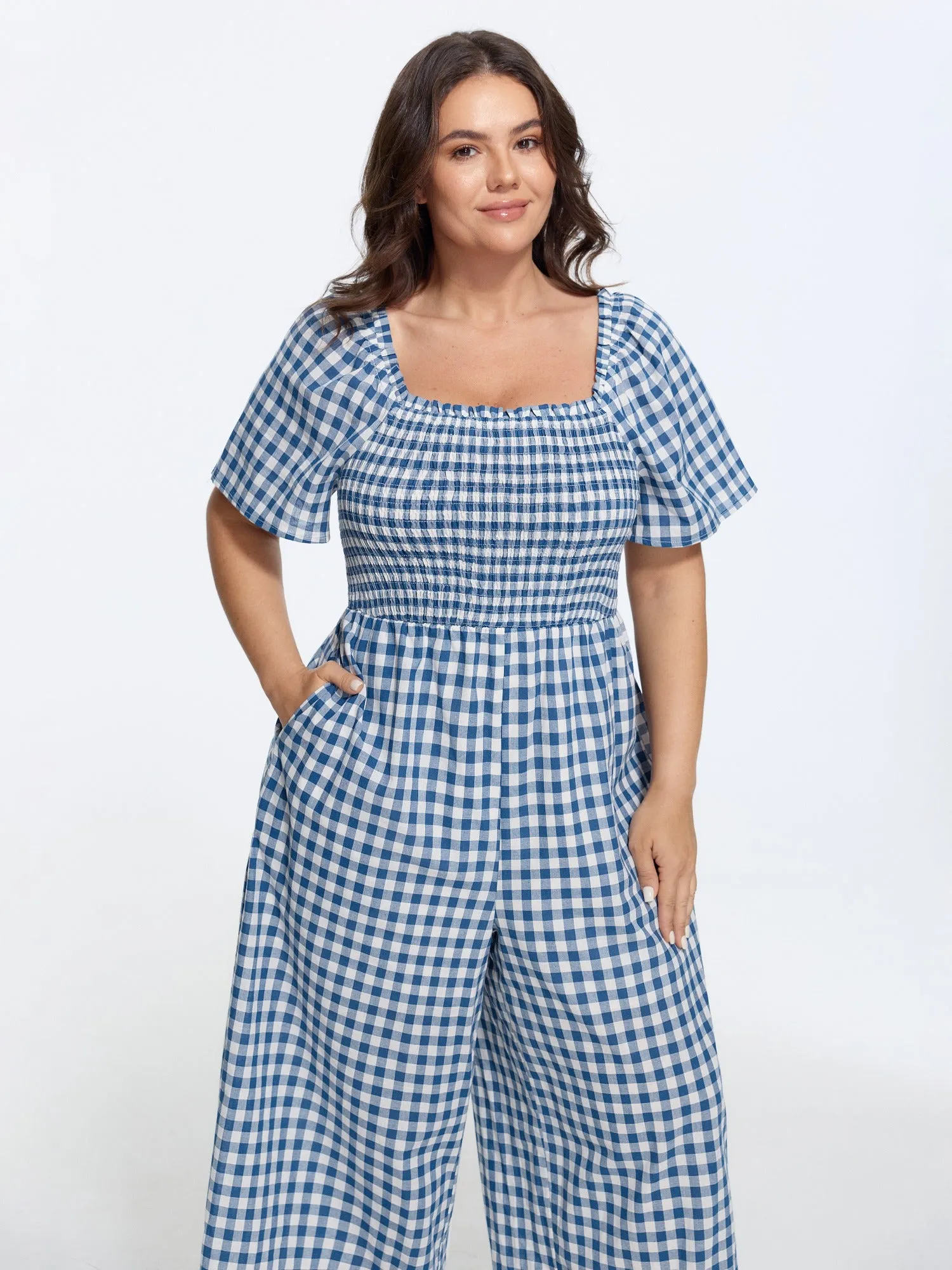 Cotton Plaid Print Square Neck Shirred Wide Leg Jumpsuit sold by Bloomchic product image thumbnail 4
