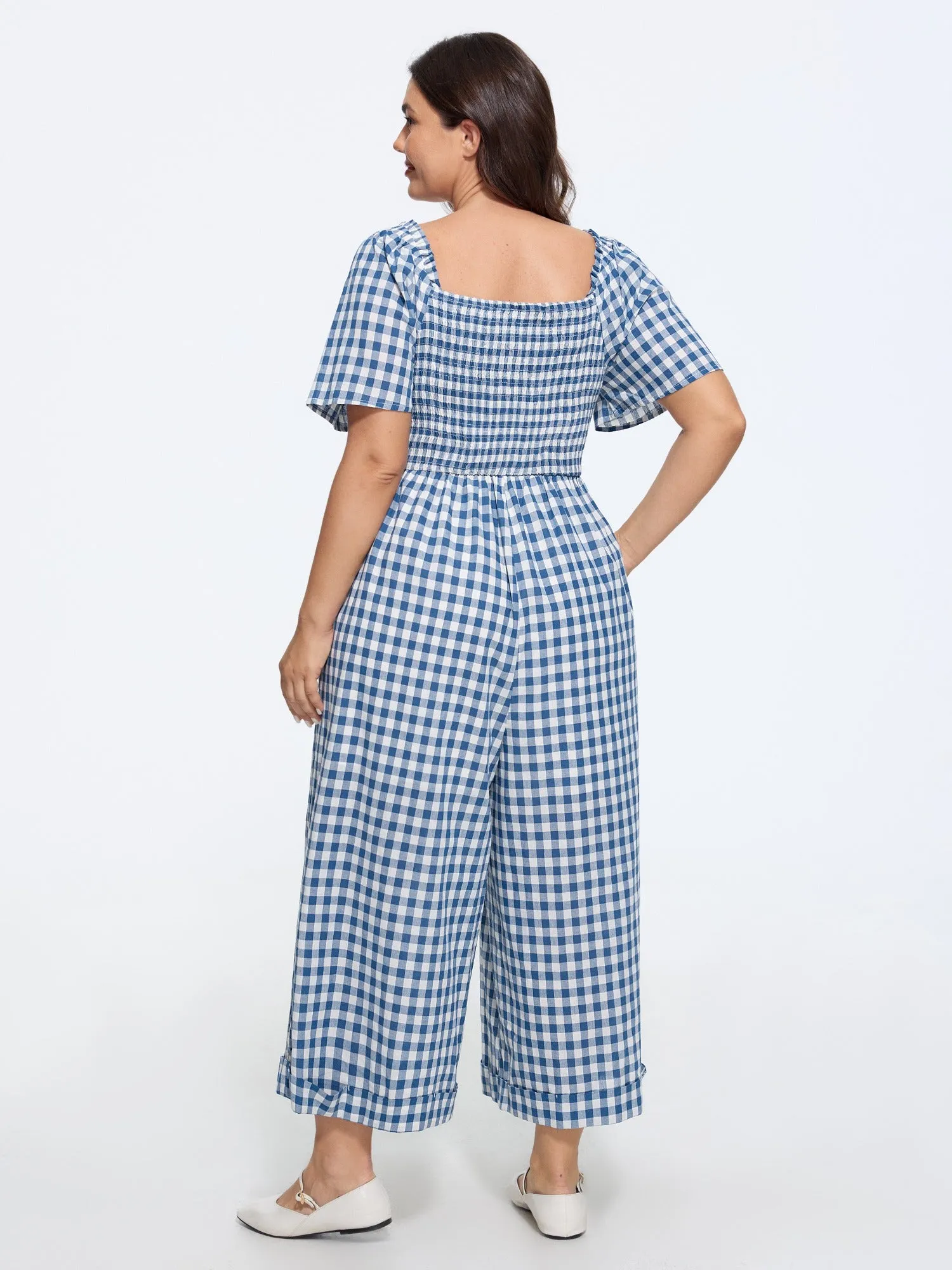 Cotton Plaid Print Square Neck Shirred Wide Leg Jumpsuit sold by Bloomchic product image thumbnail 3