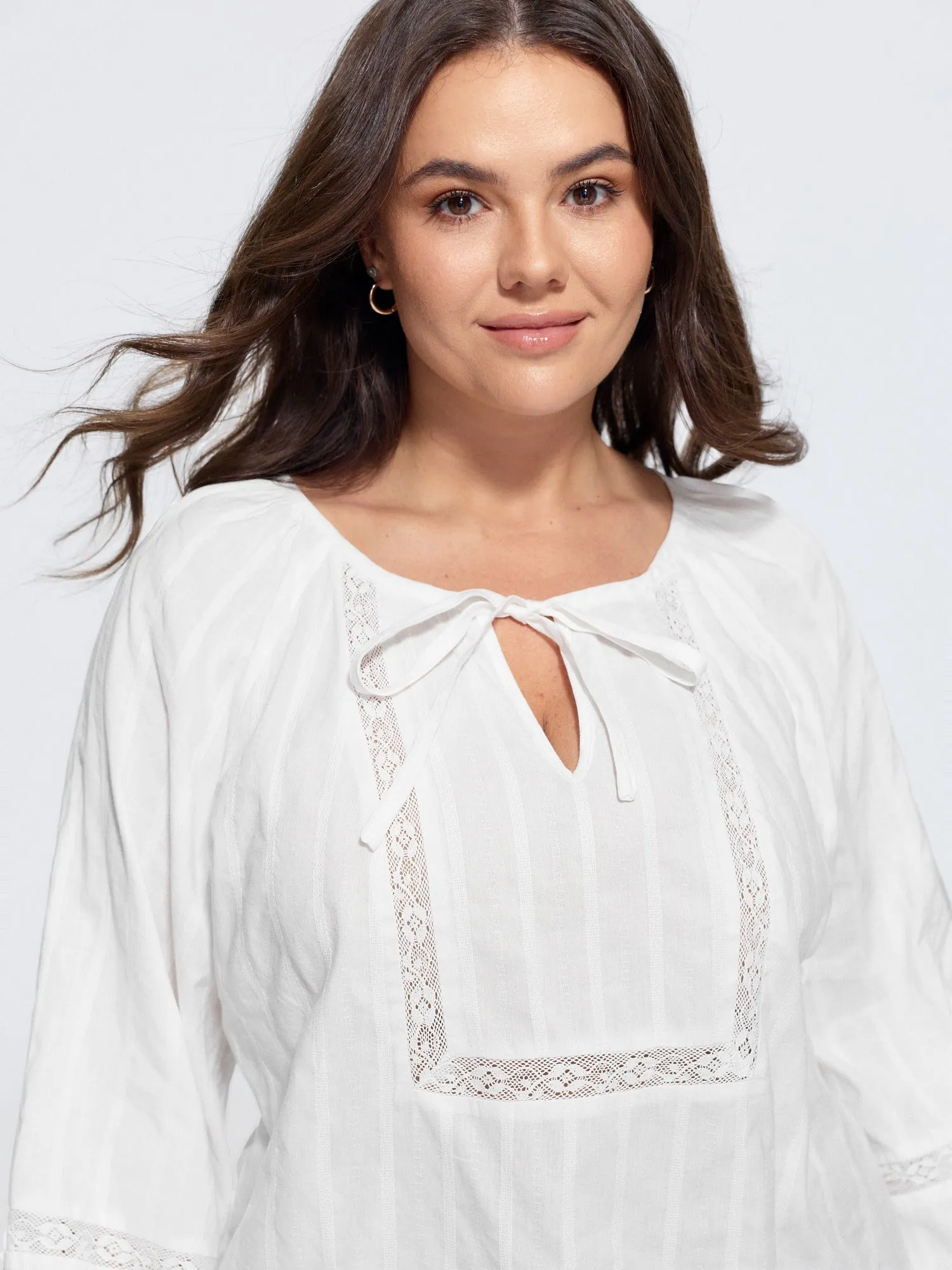 Supersoft Crochet Lace V Neck Drawstring Blouse sold by Bloomchic product image thumbnail 2