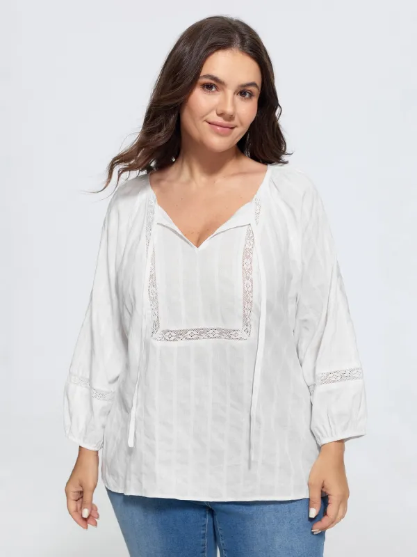 Supersoft Crochet Lace V Neck Drawstring Blouse made by Bloomchic