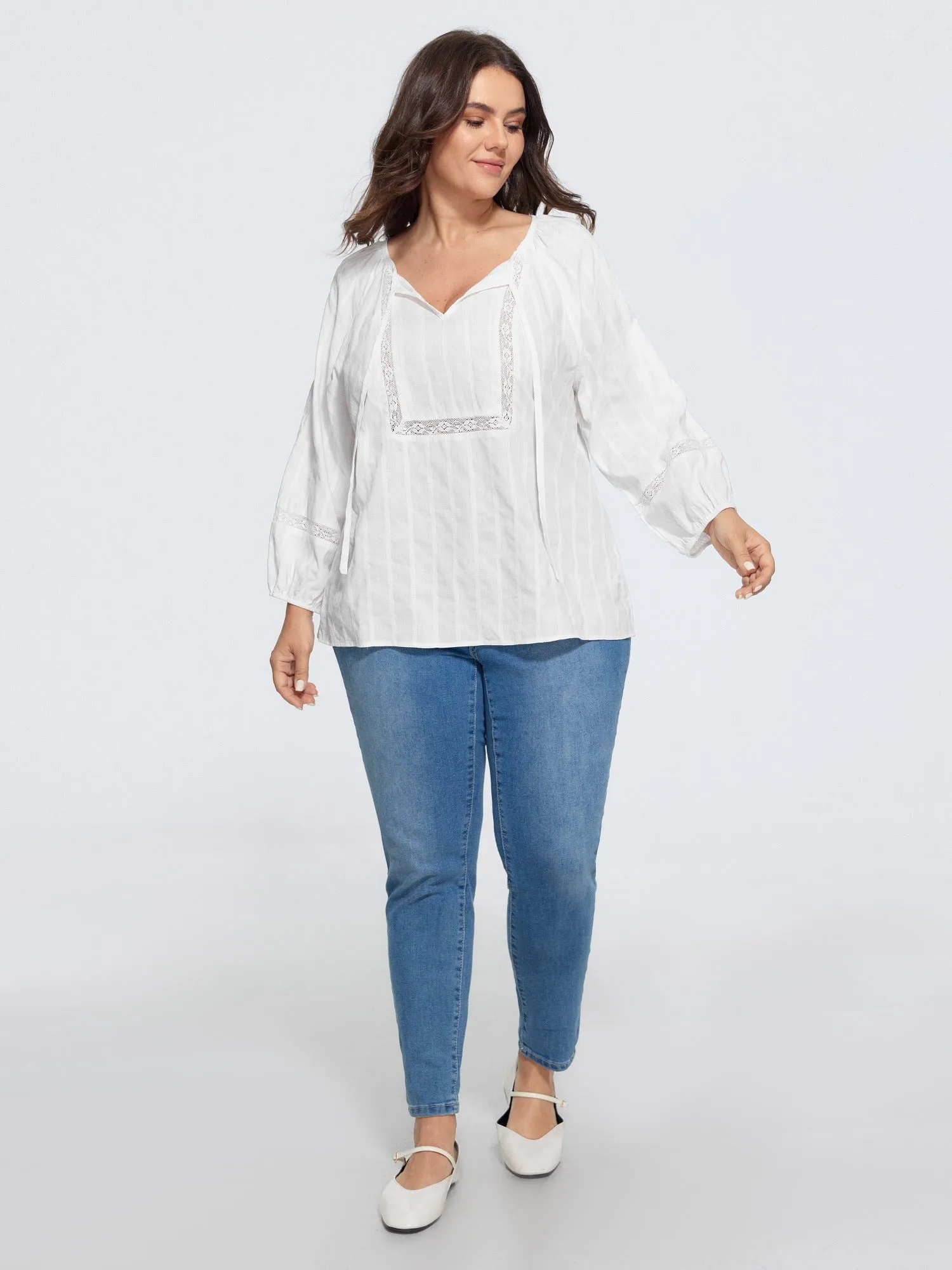 Supersoft Crochet Lace V Neck Drawstring Blouse sold by Bloomchic product image thumbnail 4