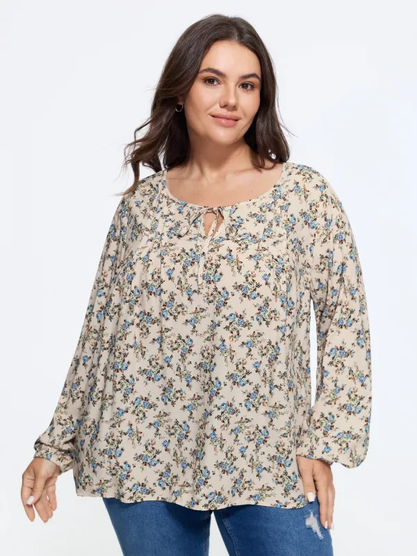 Supersoft Floral Print Drawstring Round Neck Blouse made by Bloomchic