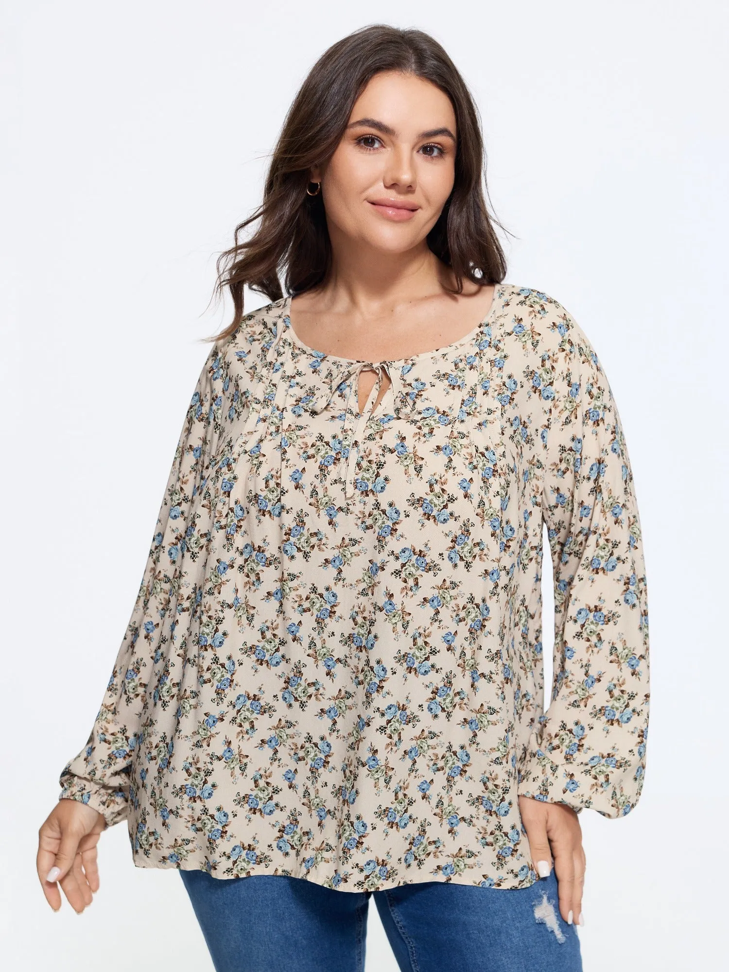 Supersoft Floral Print Drawstring Round Neck Blouse sold by Bloomchic