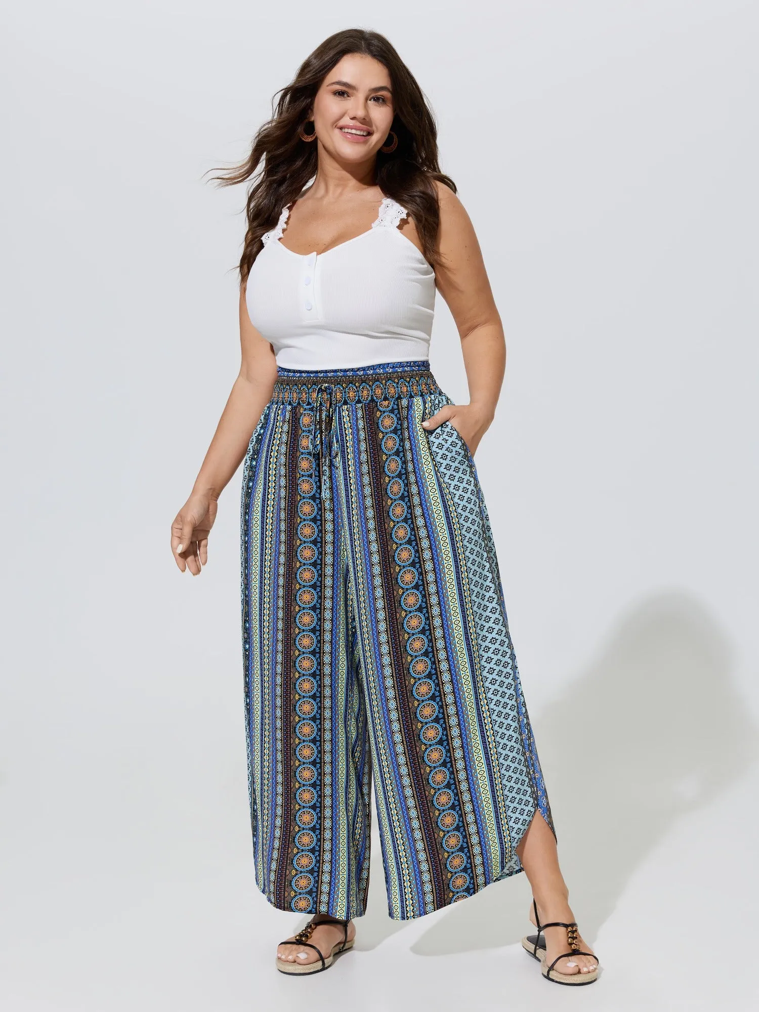 Boho Print Shirred Waist Wide-Leg Pants sold by Bloomchic product image thumbnail 2