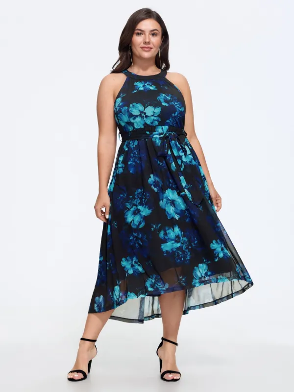 Floral Print Tie Waist High Low Hem Midi Dress made by Bloomchic