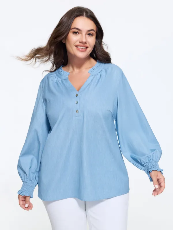 Notched Collar Half Button Shirred Cuff Blouse made by Bloomchic