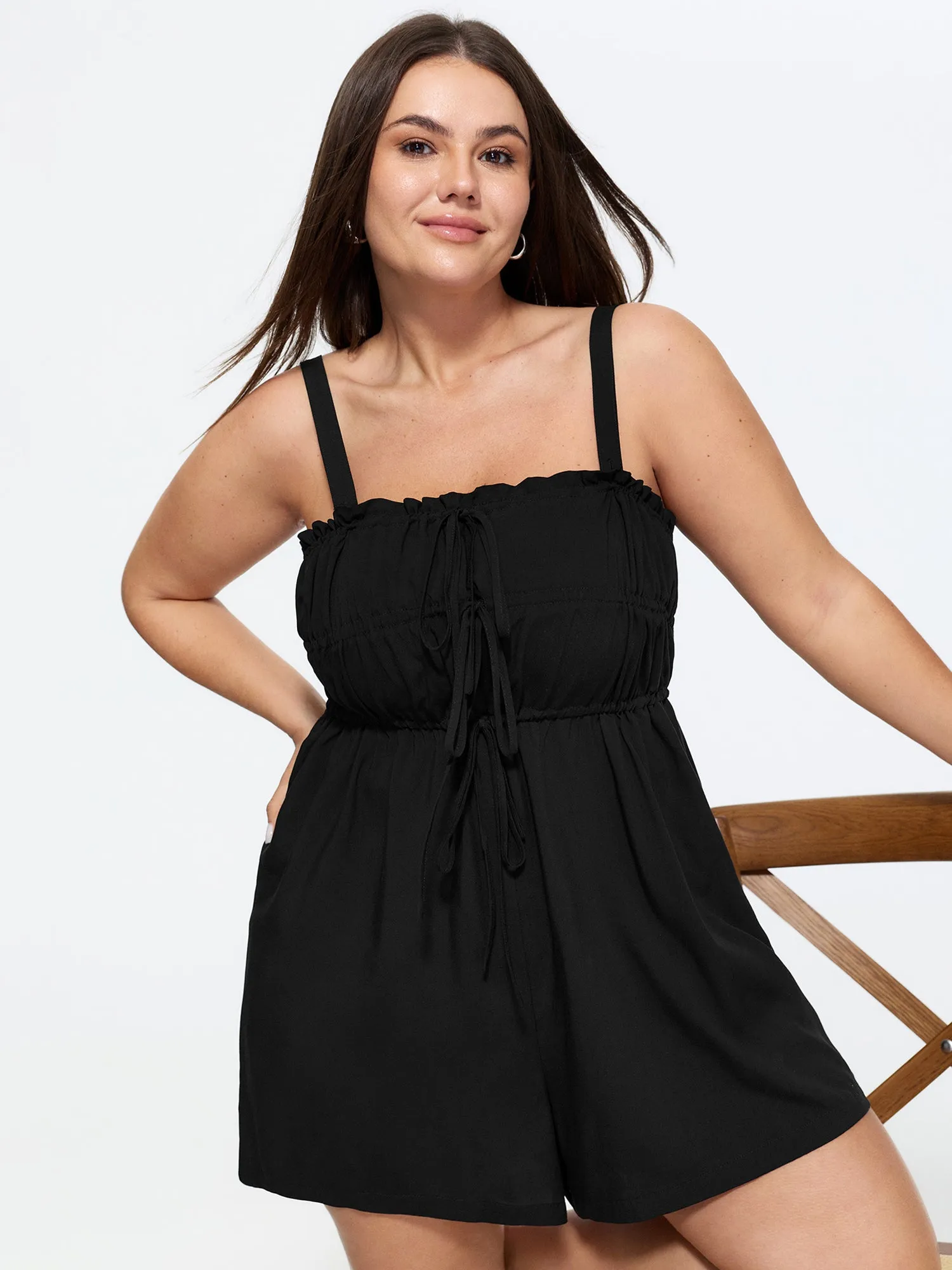 Ruffle Drawstring Bust Elastic Romper sold by Bloomchic