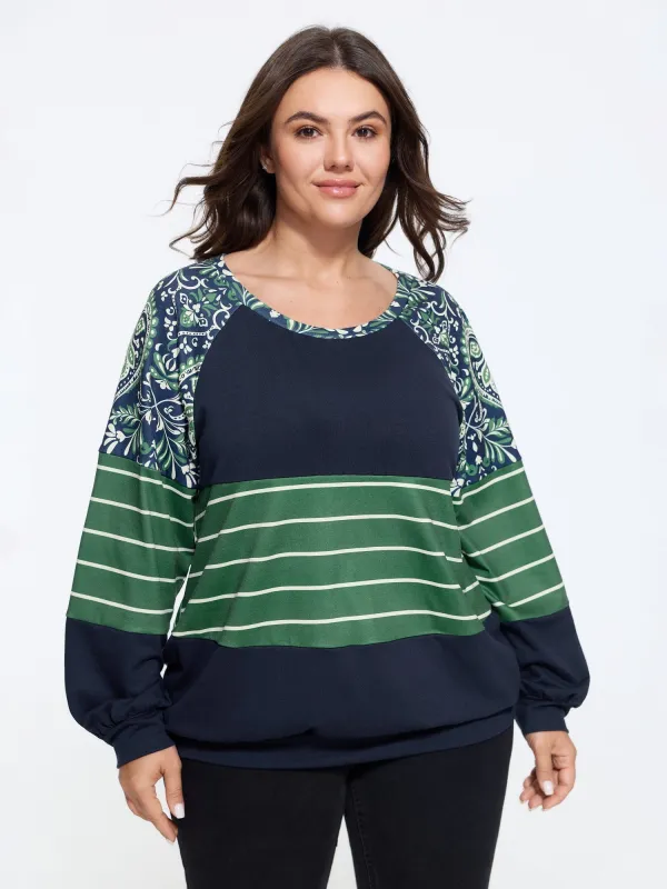 Stretchy Color Block Paisley Raglan Sleeve Sweatshirt made by Bloomchic
