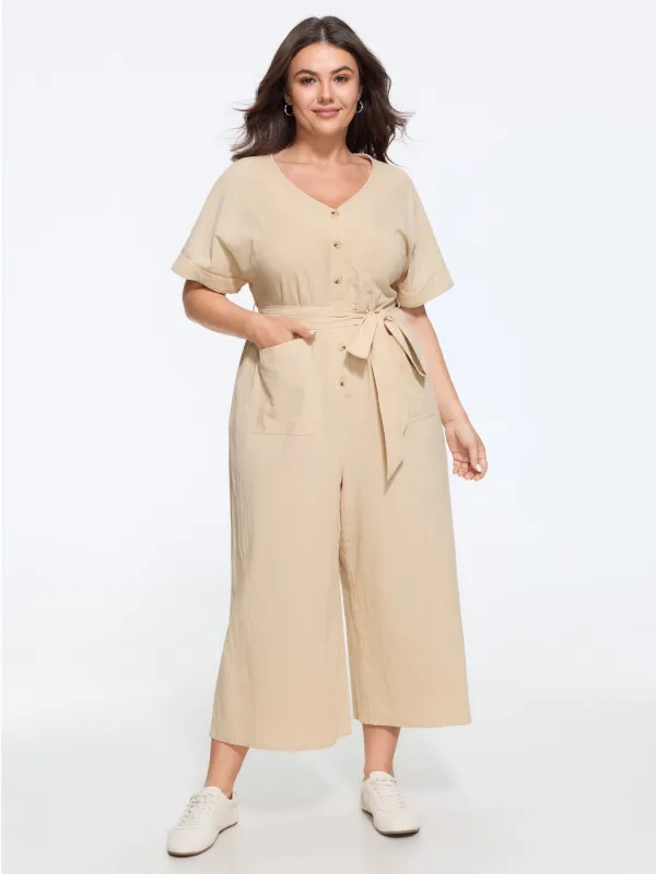 Cotton V Neck Button Waist Tie Wide Leg Jumpsuit made by Bloomchic