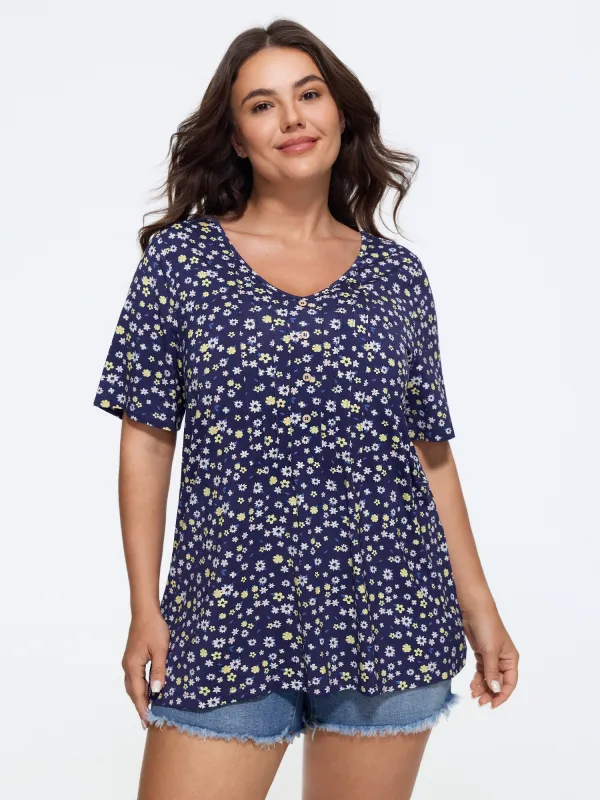 Supersoft Ditsy Floral Print V Neck Button T-Shirt made by Bloomchic