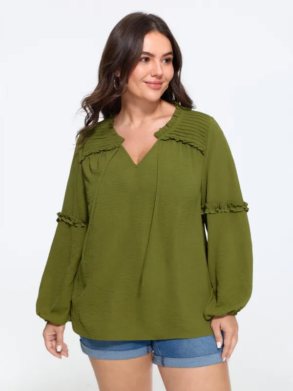 Textured Ruffled Trim Pleated Shoulder Blouse made by Bloomchic