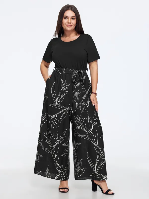 Floral Print Round Neck Waist Tie Wide Leg Jumpsuit made by Bloomchic