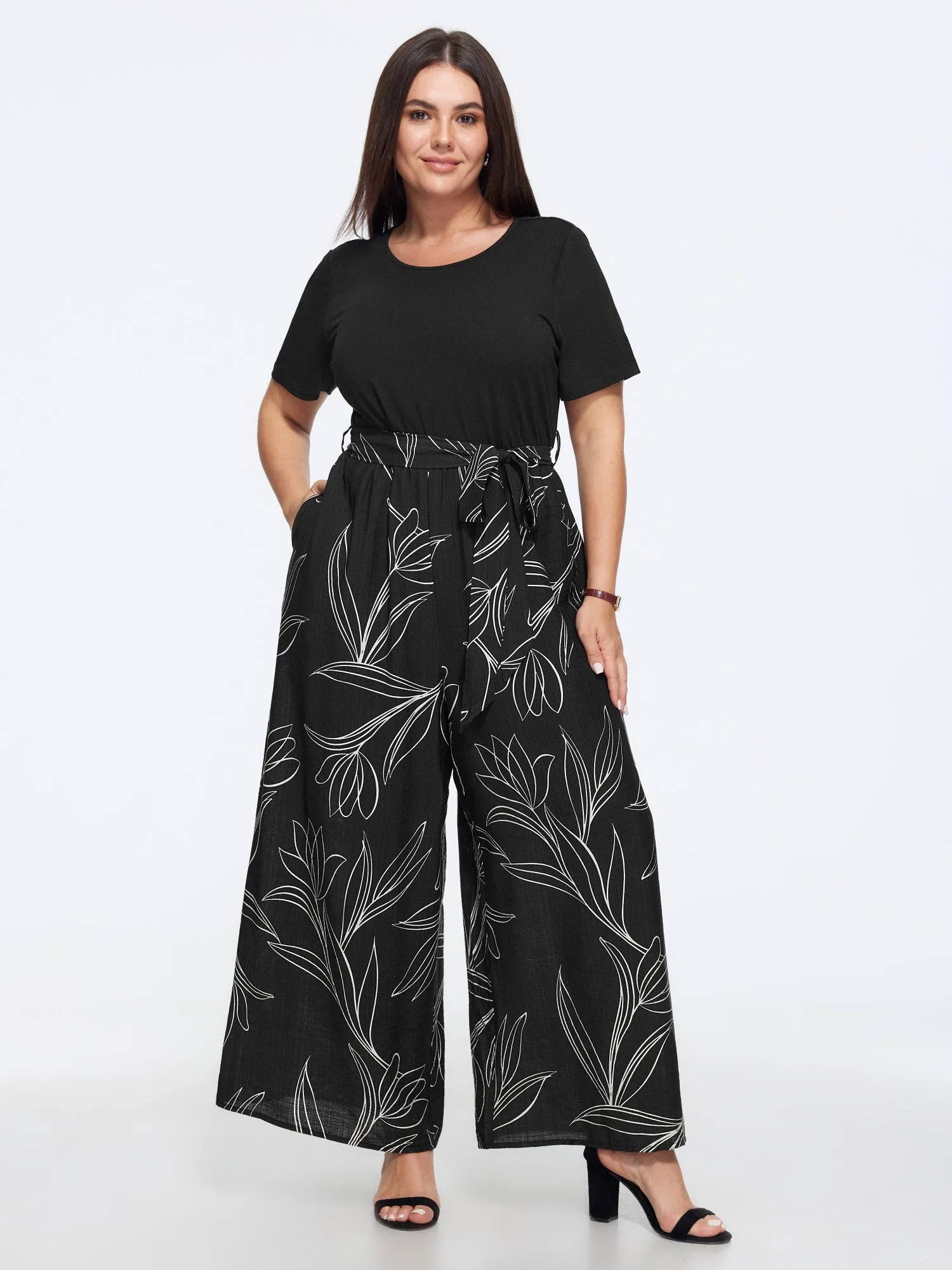 Floral Print Round Neck Waist Tie Wide Leg Jumpsuit sold by Bloomchic