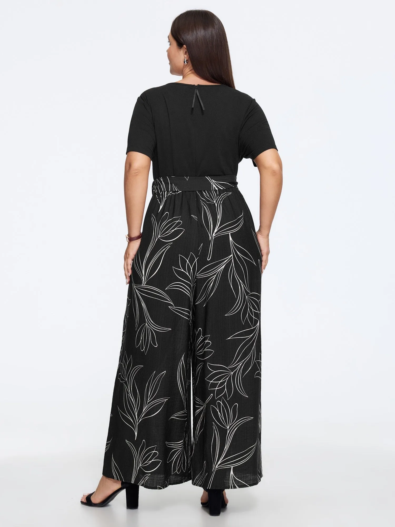 Floral Print Round Neck Waist Tie Wide Leg Jumpsuit sold by Bloomchic product image thumbnail 3