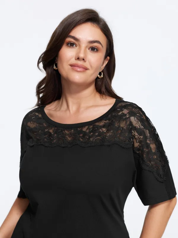 Supersoft Round Neck Floral Lace Spliced T-Shirt made by Bloomchic