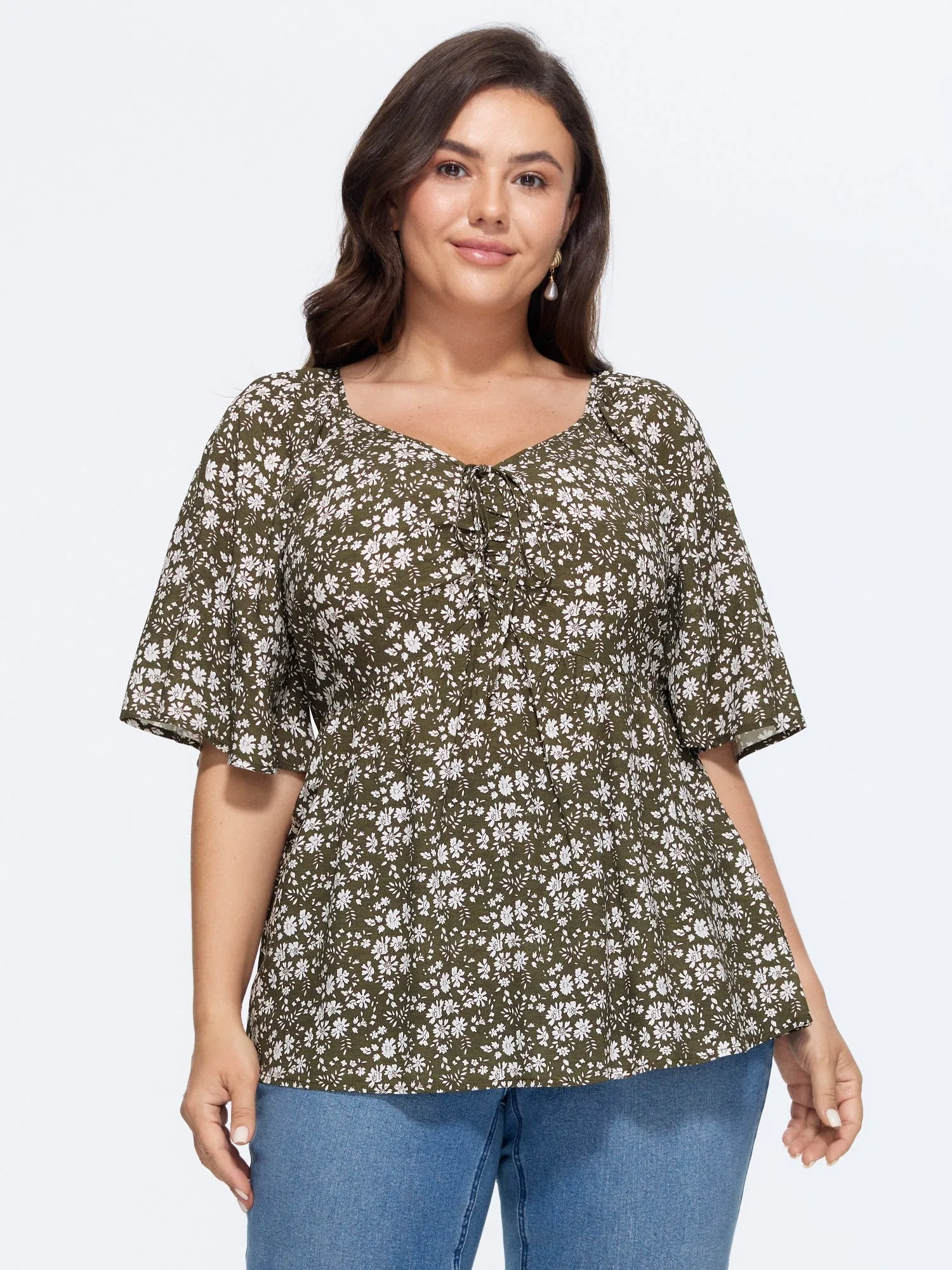 Bust-Comfort Floral Print Tie Blouse sold by Bloomchic